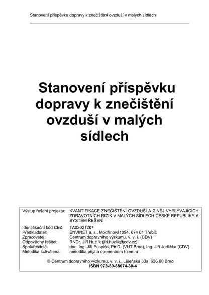 Stanovení příspěvku dopravy k znečištění ovzduší v malých sídlech