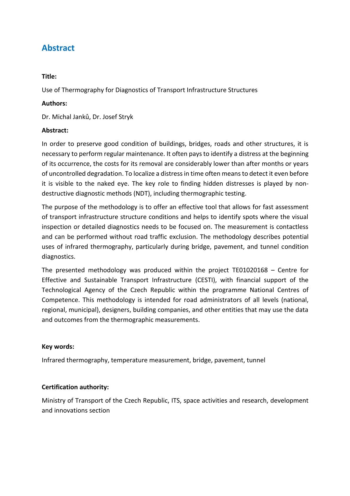 Certified methodology Use of Thermography for Diagnostics of Transport Infrastructure Structures 