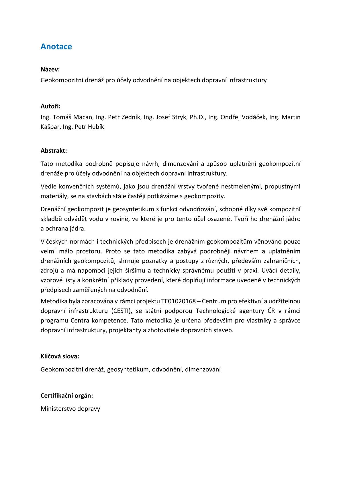 Geocomposite drainage for drainage purposes on transport infrastructure objects 