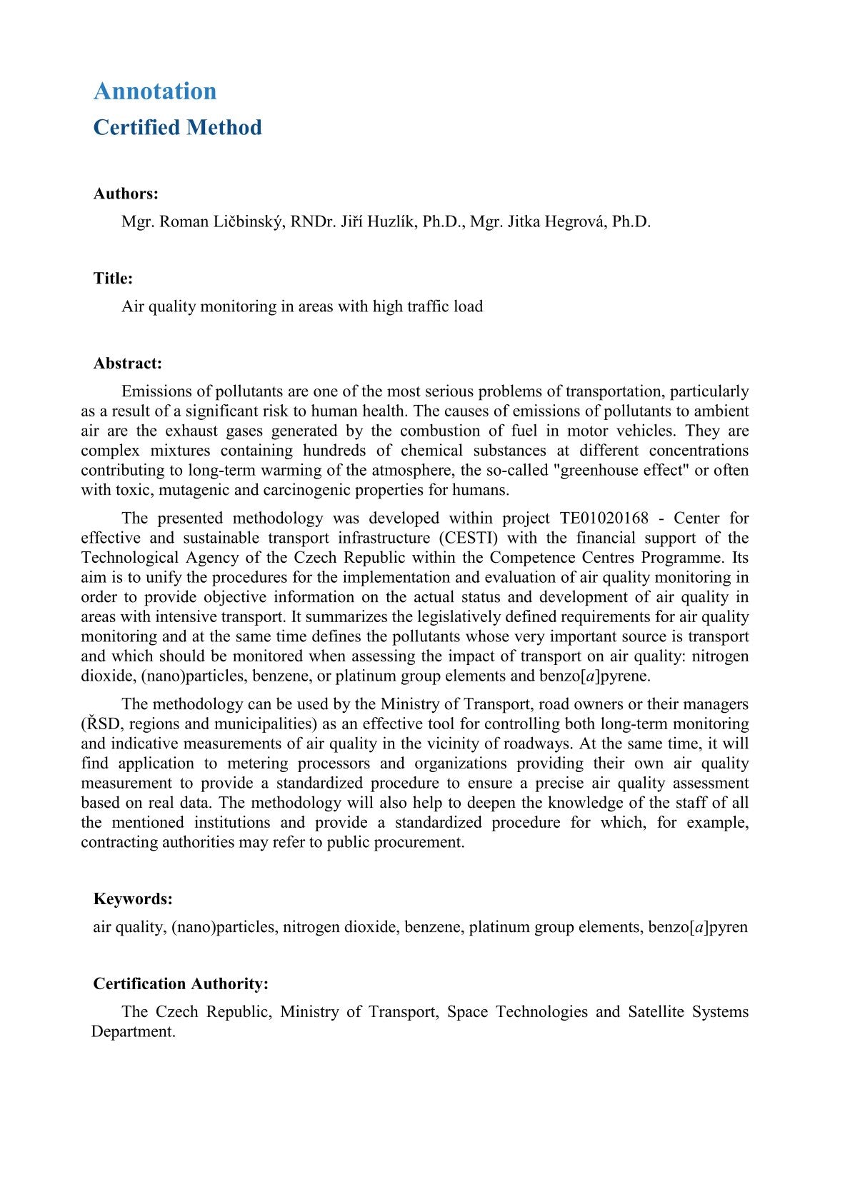 Air quality monitoring in places with high traffic load