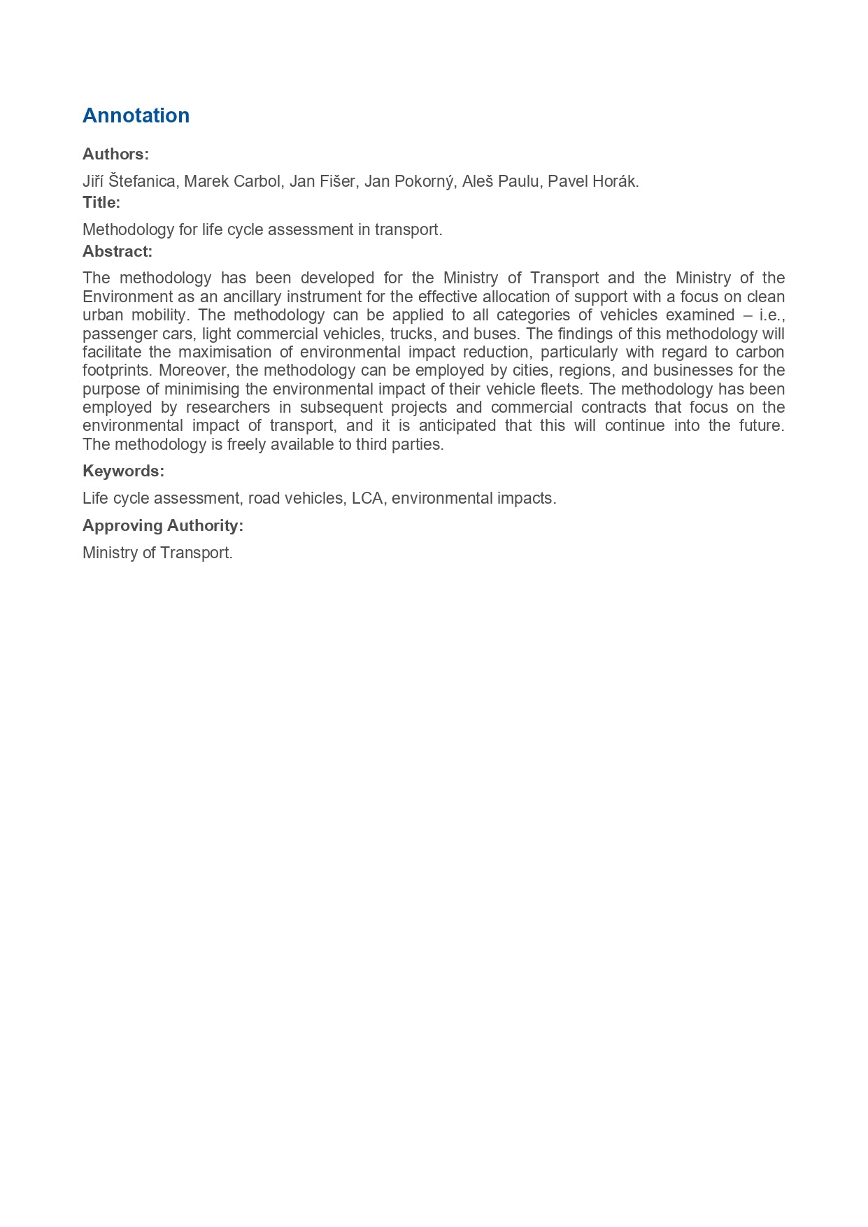 Metodika pro posuzování životního cyklu v dopravě