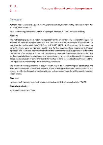 Methodology for quality control of hydrogen for fuel cell mobility