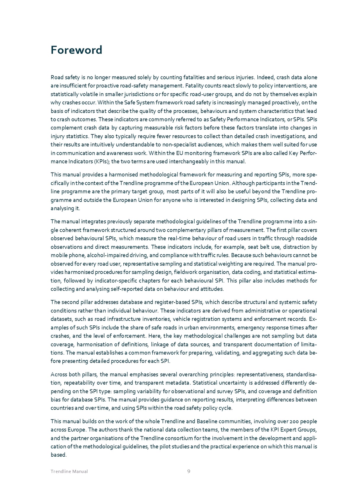 The Trendline manual for data collection and analysis of road safety performance indicators